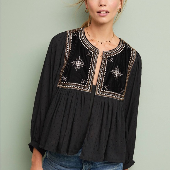 VELVET by Graham & Spencer Black and Gold Embroidered Beaded Velvet Drape Blouse - Picture 8 of 13